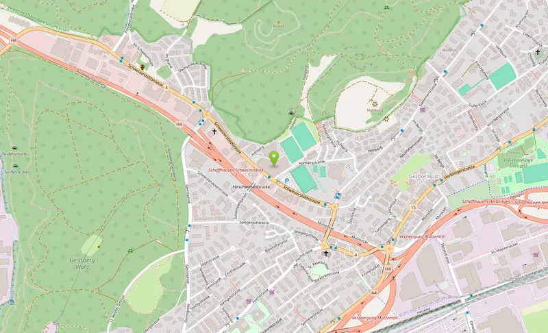 Karte: Die BBC Arena liegt an der Schweizersbildstrasse in Schaffhausen-Herblingen, neben der Autobahnausfahrt Schaffhausen Schweizersbild